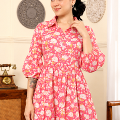 Largish Off White Cotton Floral Print Tiered and Flared A-line Dress