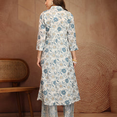 Largish Off white Floral Print Cotton Coat Collar Kurta With Printed Relax Fit Pant co ord set