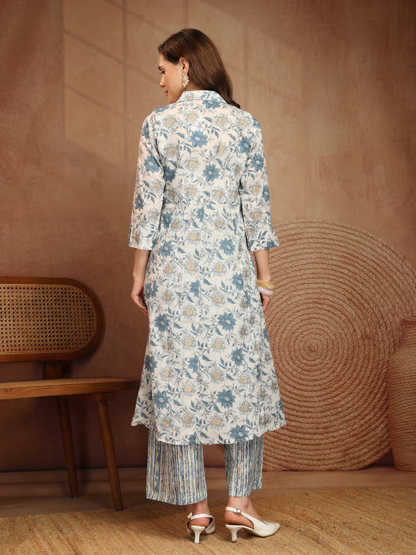 Largish Off white Floral Print Cotton Coat Collar Kurta With Printed Relax Fit Pant co ord set