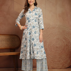 Largish Off white Floral Print Cotton Coat Collar Kurta With Printed Relax Fit Pant co ord set