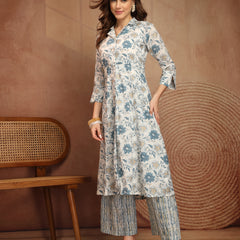 Largish Off white Floral Print Cotton Coat Collar Kurta With Printed Relax Fit Pant co ord set