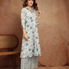 Largish Off white Floral Print Cotton Coat Collar Kurta With Printed Relax Fit Pant co ord set