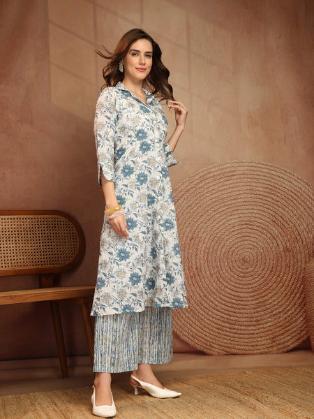 Largish Off white Floral Print Cotton Coat Collar Kurta With Printed Relax Fit Pant co ord set