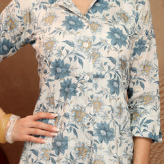 Largish Off white Floral Print Cotton Coat Collar Kurta With Printed Relax Fit Pant co ord set