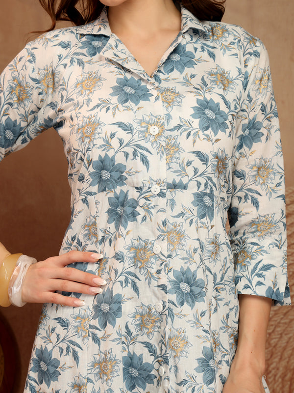 Largish Off white Floral Print Cotton Coat Collar Kurta With Printed Relax Fit Pant co ord set