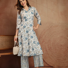 Largish Off white Floral Print Cotton Coat Collar Kurta With Printed Relax Fit Pant co ord set