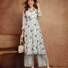 Largish Off white Floral Print Cotton Coat Collar Kurta With Printed Relax Fit Pant co ord set