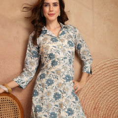 Largish Off white Floral Print Cotton Coat Collar Kurta With Printed Relax Fit Pant co ord set