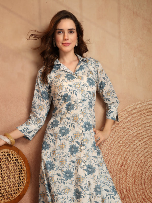 Largish Off white Floral Print Cotton Coat Collar Kurta With Printed Relax Fit Pant co ord set