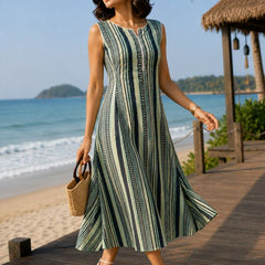Largish Stylish women’s Green striped A-line Premium Cotton dress