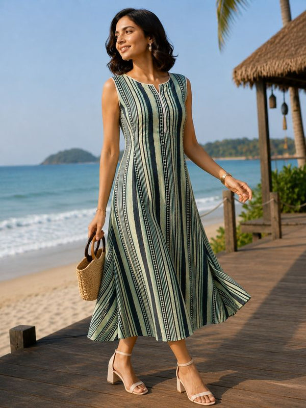 Largish Stylish women’s Green striped A-line Premium Cotton dress