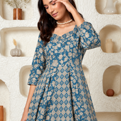 Largish Elegant Turquoise Floral Anarkali Midi Dress
