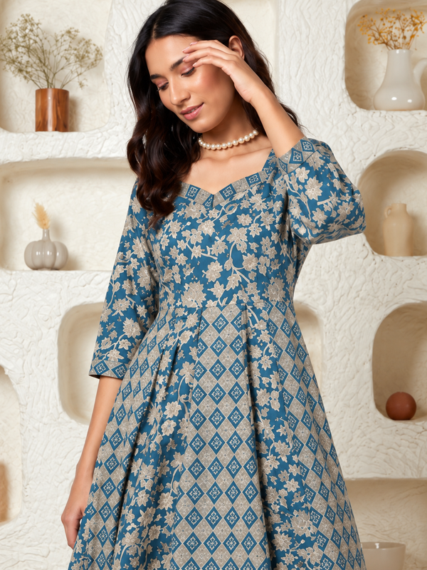 Largish Elegant Turquoise Floral Anarkali Midi Dress