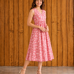 Women Pink Floral Print V-Neck Fit & Flare calf-Length Dress