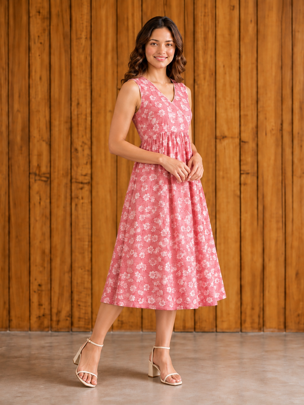 Women Pink Floral Print V-Neck Fit & Flare calf-Length Dress
