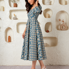 Largish Elegant Turquoise Floral Anarkali Midi Dress