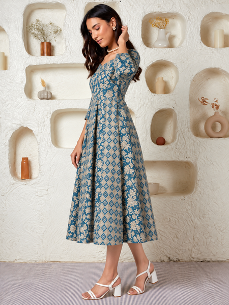 Largish Elegant Turquoise Floral Anarkali Midi Dress
