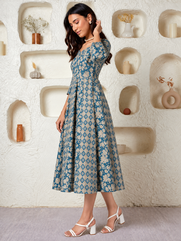 Largish Elegant Turquoise Floral Anarkali Midi Dress