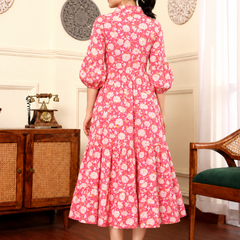 Largish Off White Cotton Floral Print Tiered and Flared A-line Dress