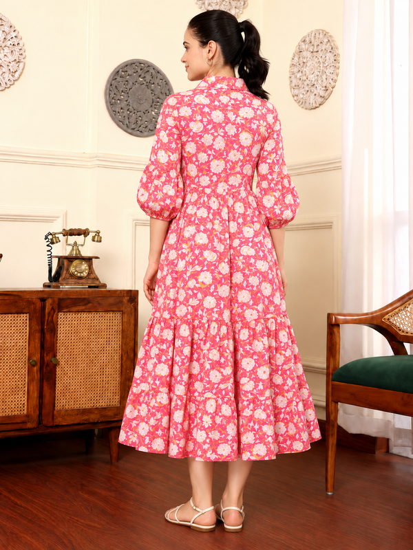 Largish Off White Cotton Floral Print Tiered and Flared A-line Dress