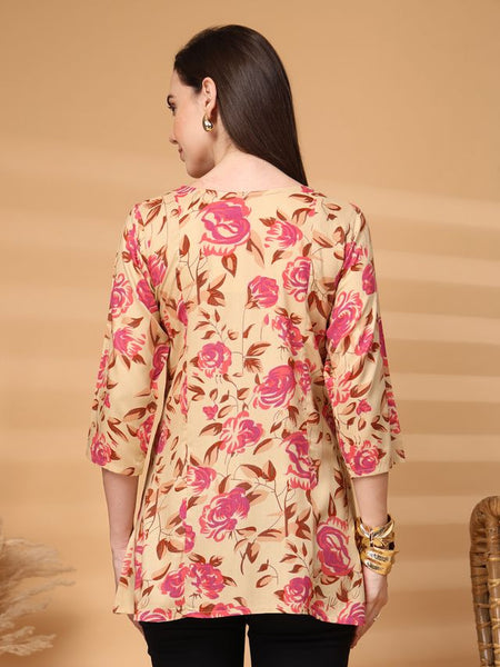 Largish Stylish Beige Rayon floral print kurti
