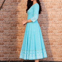 Largish Rayon Pigment Print Sky Blue Anarkali Full Maxi Dress