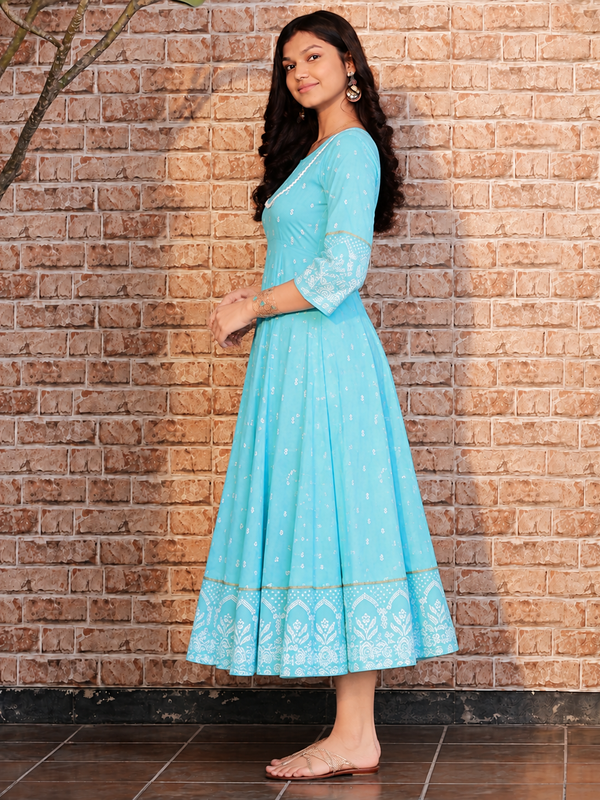 Largish Rayon Pigment Print Sky Blue Anarkali Full Maxi Dress