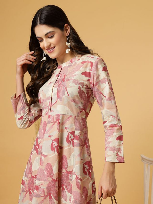 Largish Women's Maroon Printed Cotton Anarkali Flared Dress