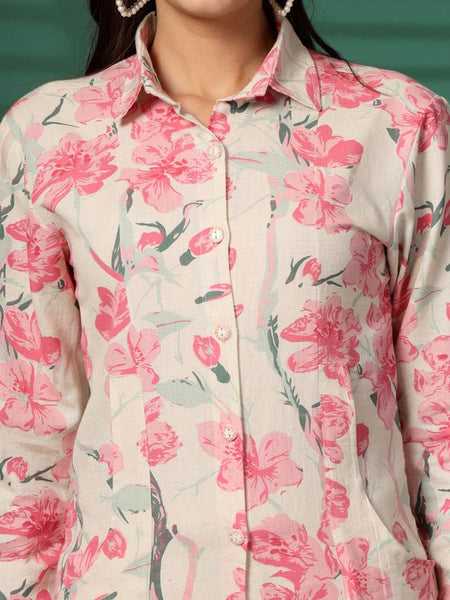 Largish Women's Pink Floral Print Cotton Flex Co-Ord Set
