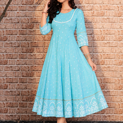 Largish Rayon Pigment Print Sky Blue Anarkali Full Maxi Dress