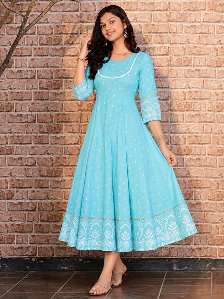Largish Rayon Pigment Print Sky Blue Anarkali Full Maxi Dress