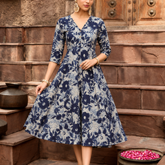 Largish Women's Blue Printed Cotton Umbrella Cut Flared Dress