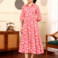 Largish Off White Cotton Floral Print Tiered and Flared A-line Dress