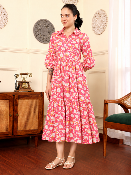 Largish Cotton Floral Print Tiered and Flared A-line Dress
