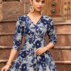 Largish Women's Blue Printed Cotton Umbrella Cut Flared Dress