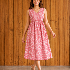 Women Pink Floral Print V-Neck Fit & Flare calf-Length Dress