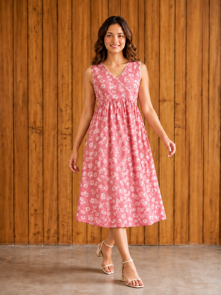 Women Pink Floral Print V-Neck Fit & Flare calf-Length Dress