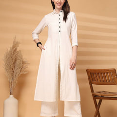 Largish Elegant Off-White Cotton Long Kurti with Front Button Detailing With palazzo pant Co'ord Set