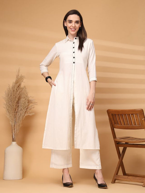 Largish Elegant Off-White Cotton Long Kurti with Front Button Detailing With palazzo pant Co'ord Set