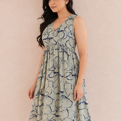 Women Blue Floral Print V-Neck Fit & Flare calf-Length Dress