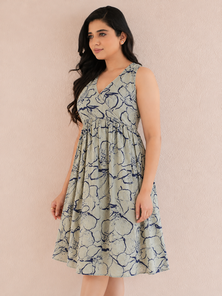 Women Blue Floral Print V-Neck Fit & Flare calf-Length Dress