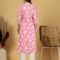 Largish Women's Pink Floral Print Cotton A-Line V-Neck Kurta