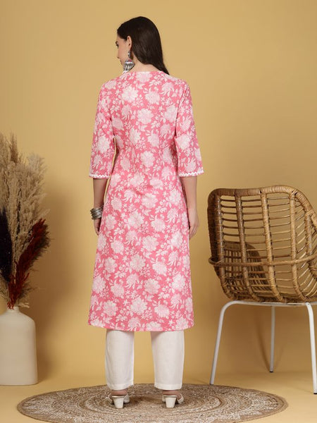 Largish Women's Pink Floral Print Cotton A-Line V-Neck Kurta