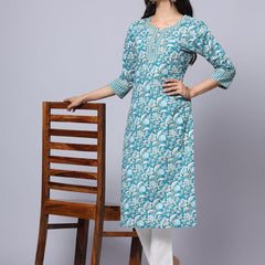 Largish Cotton Turquoise Foil Floral Print Kurta