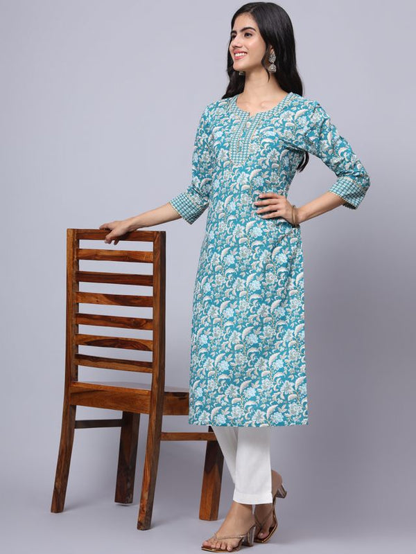 Largish Cotton Turquoise Foil Floral Print Kurta