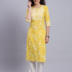 Largish Yellow Floral Print Straight Kurta