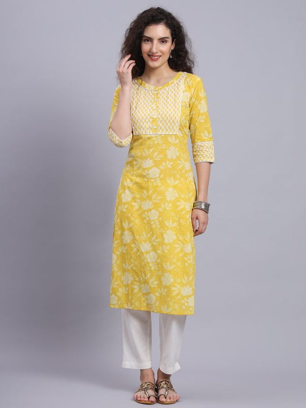 Largish Yellow Floral Print Straight Kurta