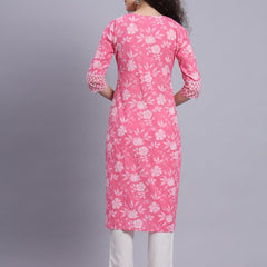 Largish Pink Floral Print Straight Kurta