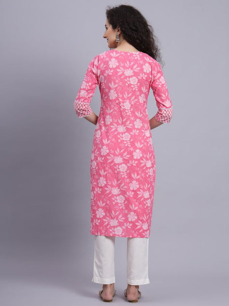 Largish Pink Floral Print Straight Kurta