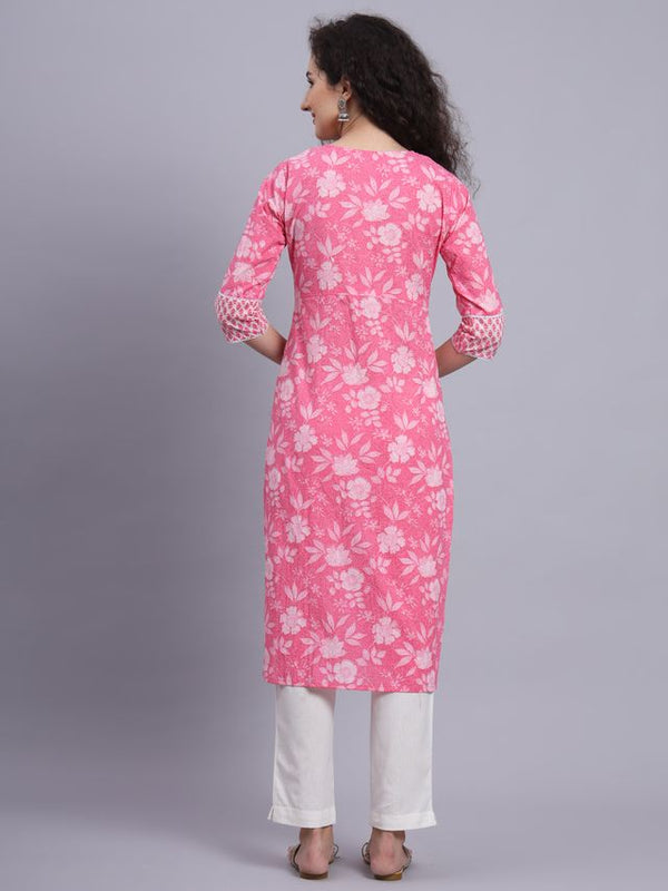 Largish Pink Floral Print Straight Kurta